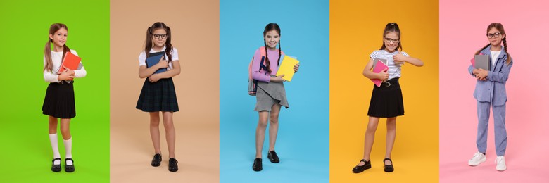 Schoolgirls on color backgrounds, set of photos