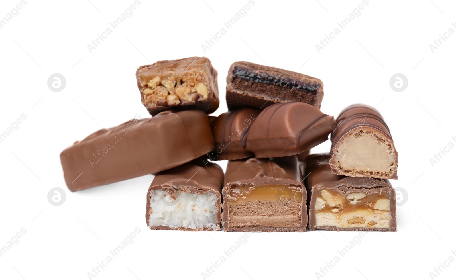 Photo of Pieces of different tasty chocolate bars on white background