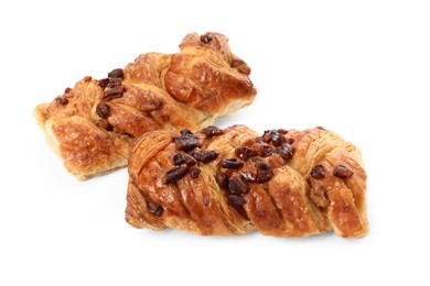 Photo of Tasty sweet buns with raisins isolated on white. Fresh pastries