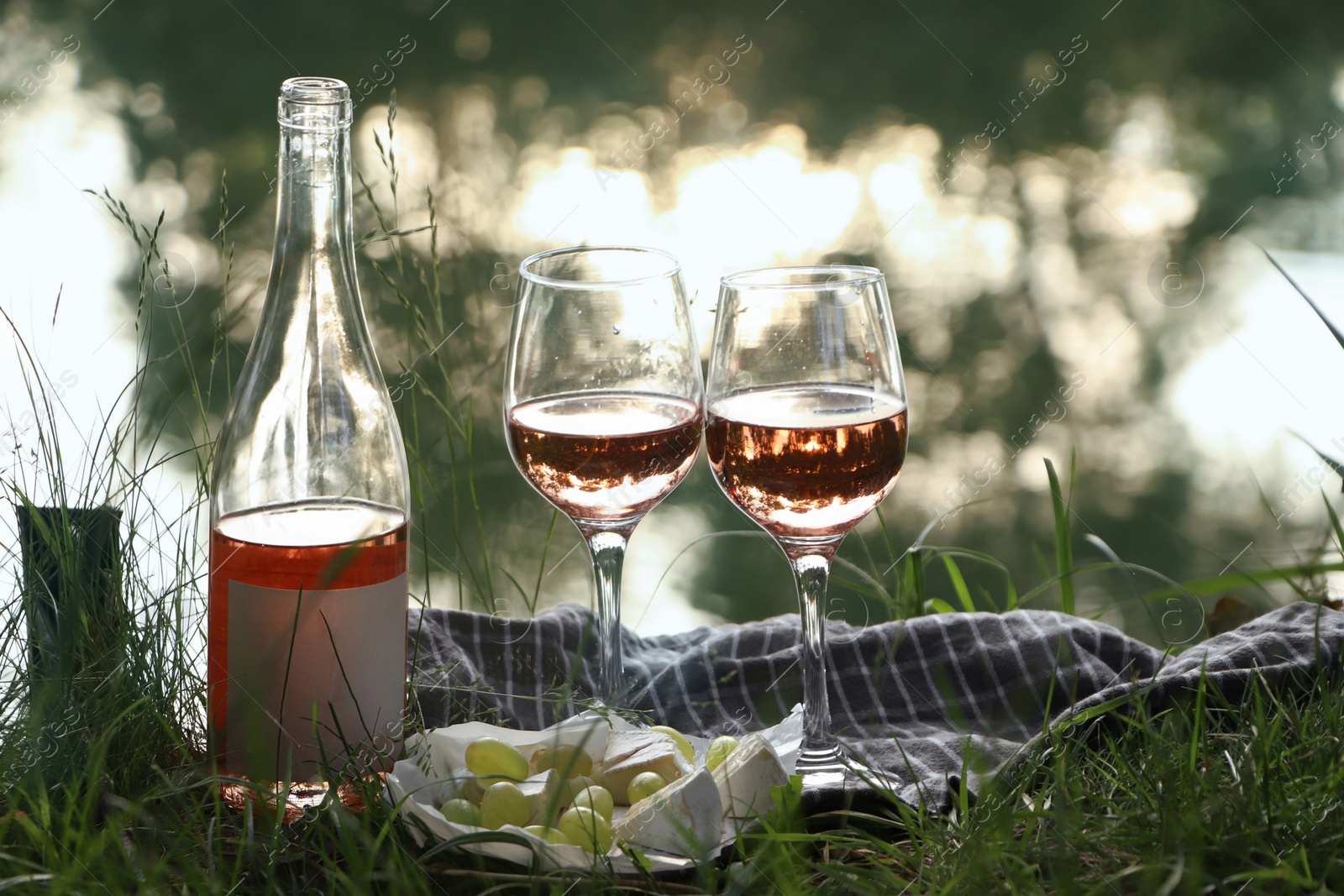 Photo of Delicious rose wine, cheese and grapes on picnic blanket near lake