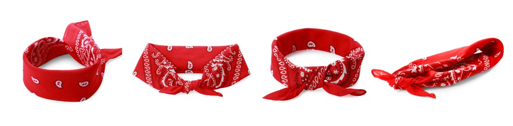 Red bandanas with paisley pattern on white background, collage. Banner design