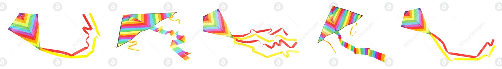 Image of Set with beautiful bright kites on white background. Banner design
