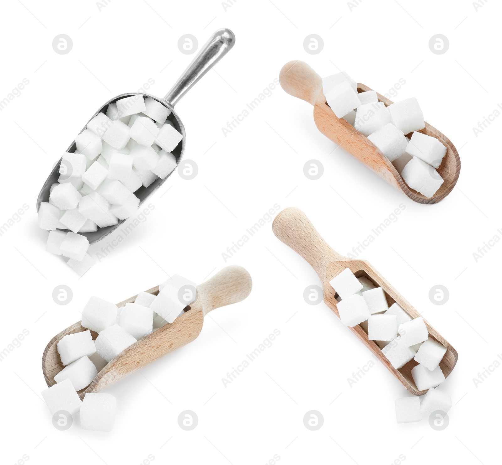 Image of Sugar cubes in scoops isolated on white, set
