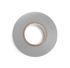 Photo of Grey insulating tape isolated on white, top view