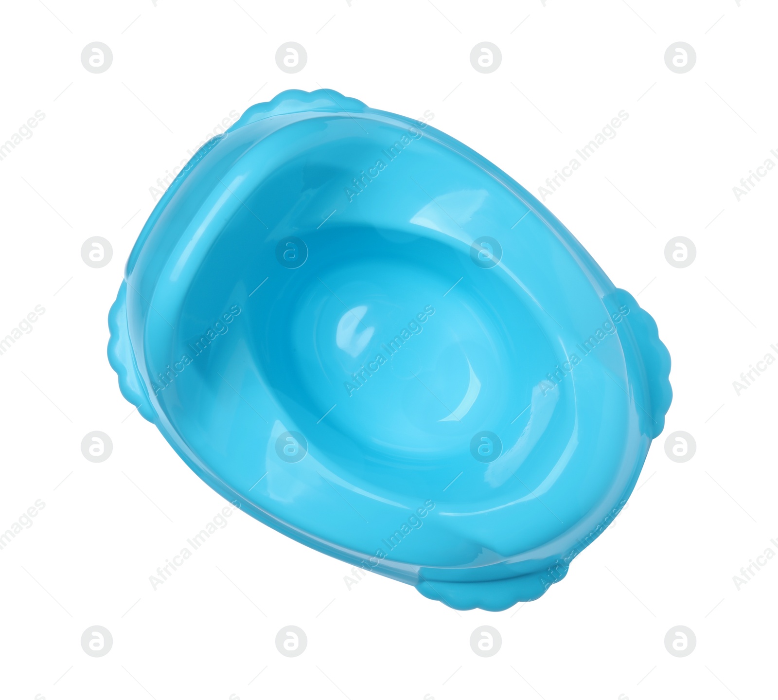 Photo of Light blue baby potty isolated on white, top view. Toilet training