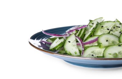 Plate with tasty cucumber salad on white background