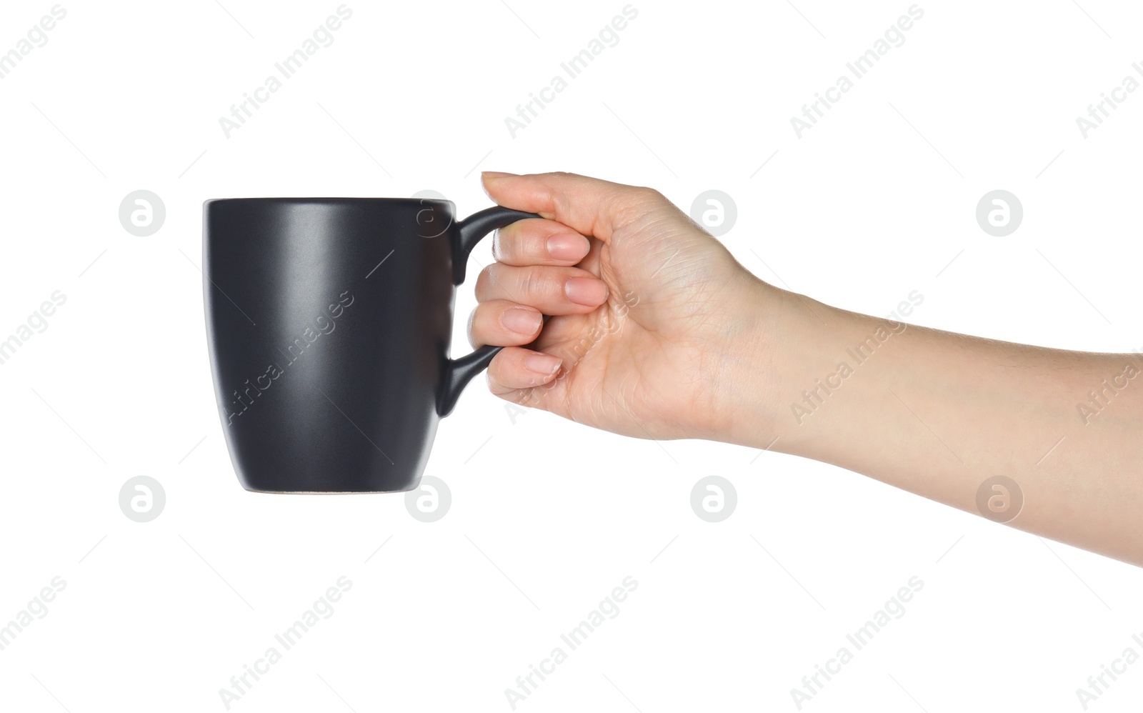 Photo of Woman holding black cup on white background, closeup