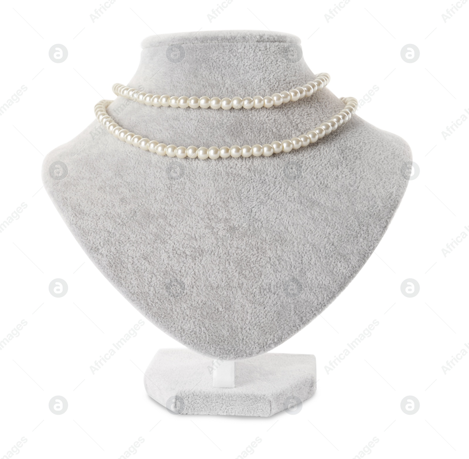 Photo of Stylish pearl necklace on jewelry bust against white background