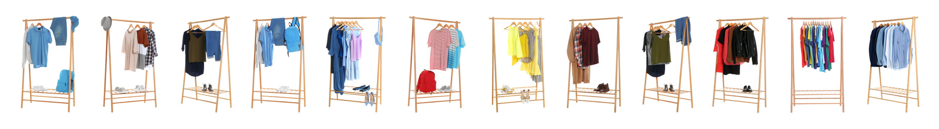 Image of Set of wardrobe racks with different clothes on white background. Banner design