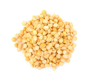 Pile of dried peas on white background, top view