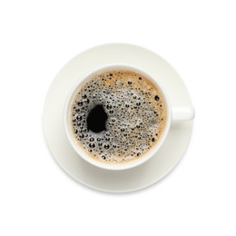 Photo of Cup of black aromatic coffee on white background, top view