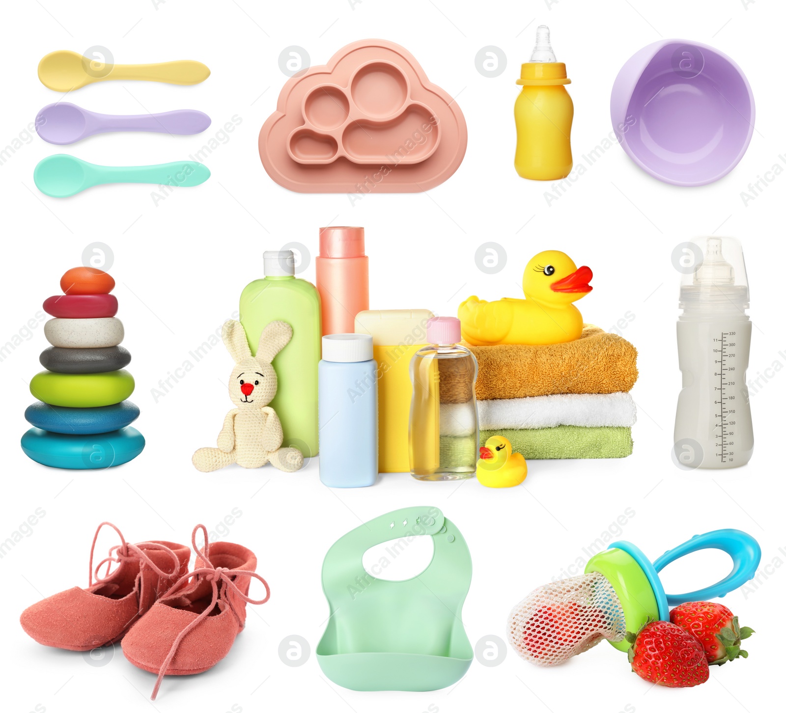 Image of Set with different stuff for baby on white background