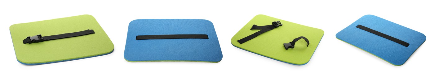 Set with colorful foam tourist seat mats on white background. Banner design