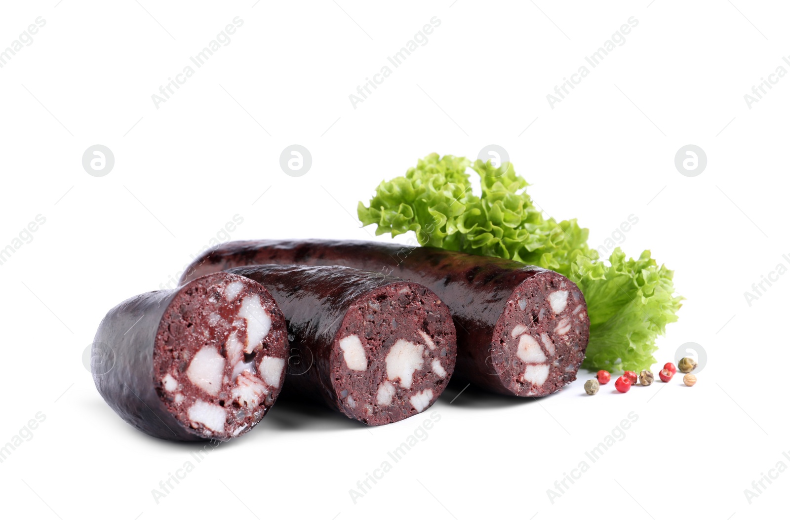 Photo of Tasty blood sausages with lettuce and pepper on white background