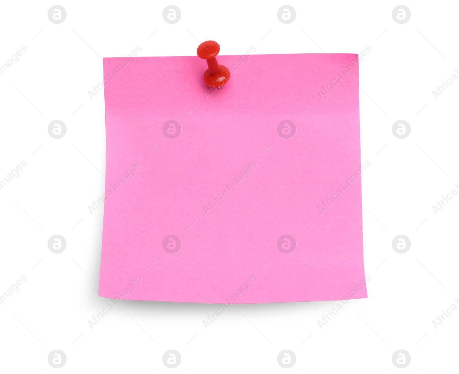 Photo of Blank pink note pinned on white background, top view