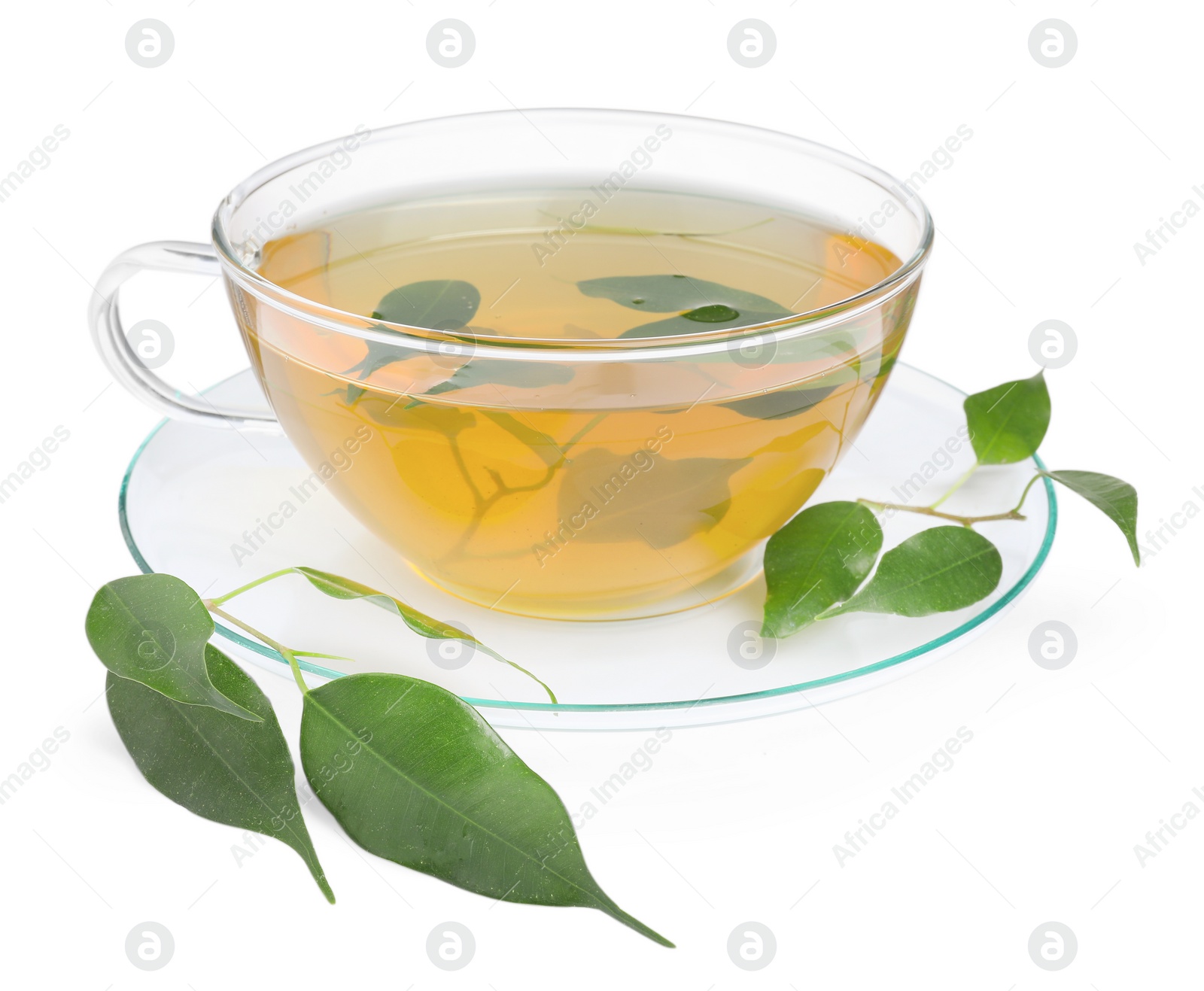 Photo of Fresh green tea in glass cup, leaves and saucer isolated on white