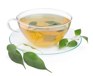 Fresh green tea in glass cup, leaves and saucer isolated on white