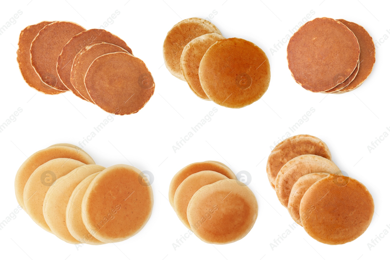 Image of Set of tasty pancakes isolated on white, top view