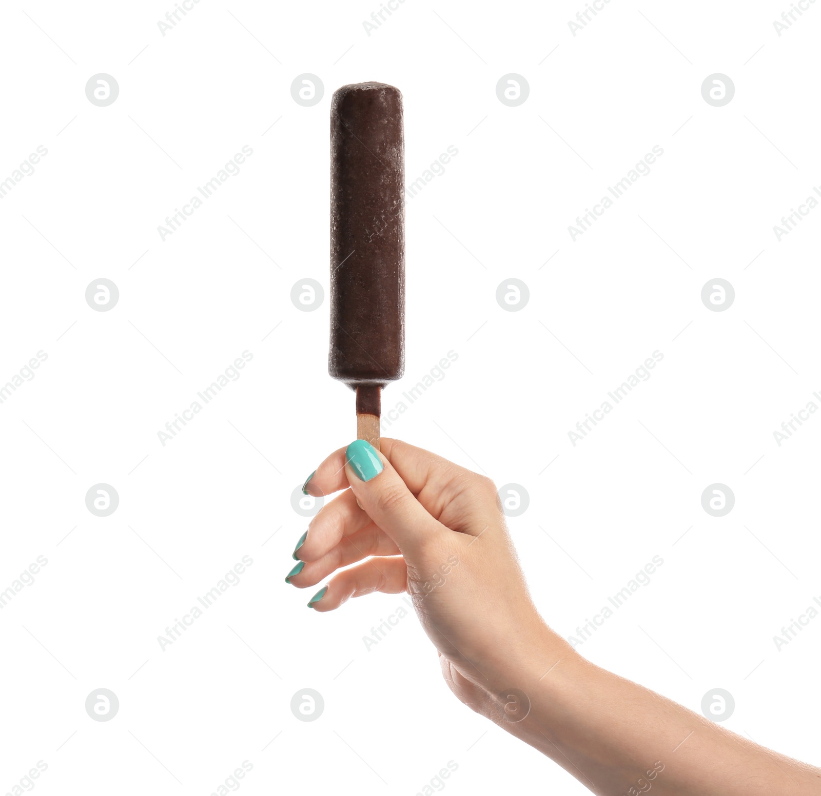 Photo of Woman holding yummy ice cream on white background. Focus on hand