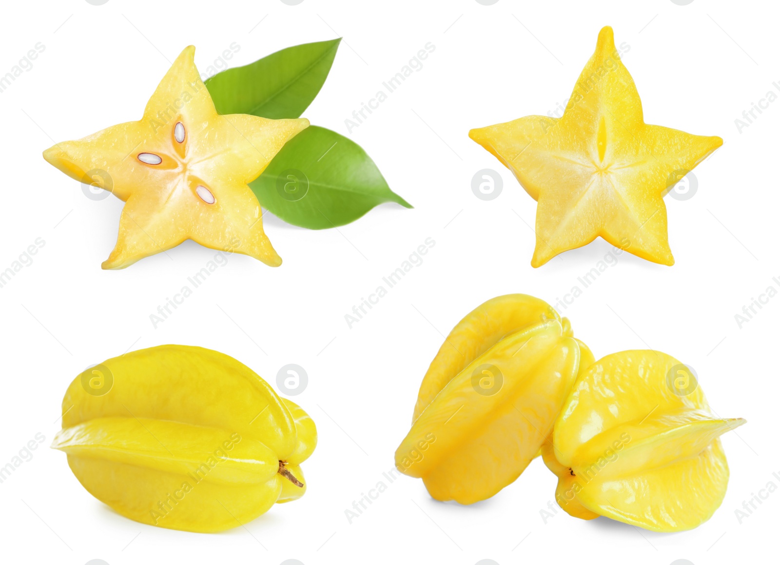 Image of Set with delicious ripe carambola fruits on white background 