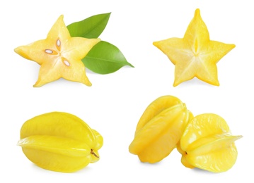 Set with delicious ripe carambola fruits on white background 