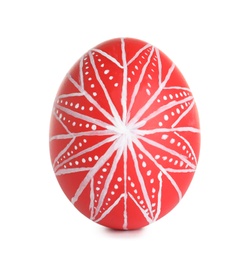 Photo of Creative painted red Easter egg on white background