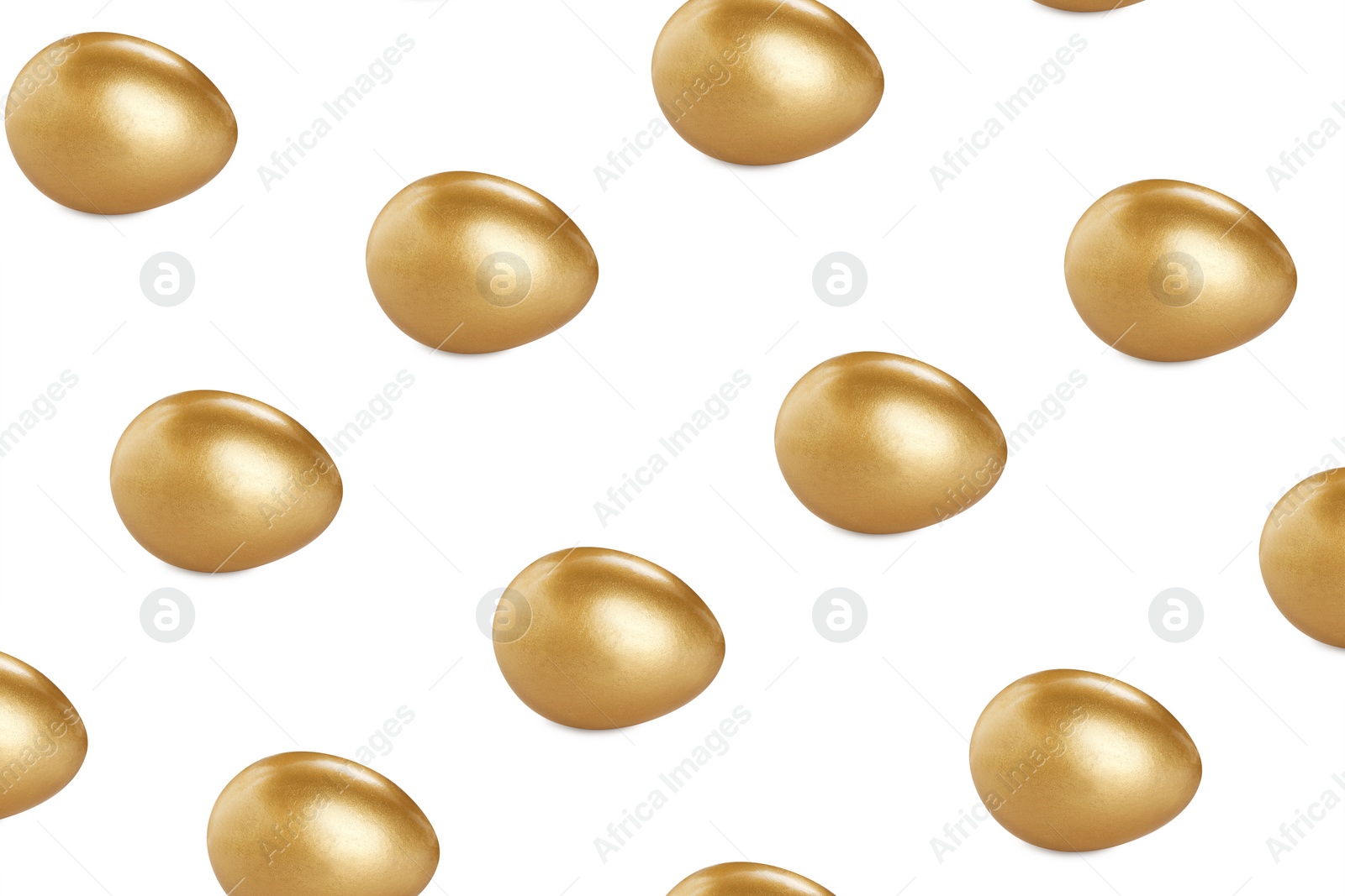 Image of Set with shiny golden eggs on white background