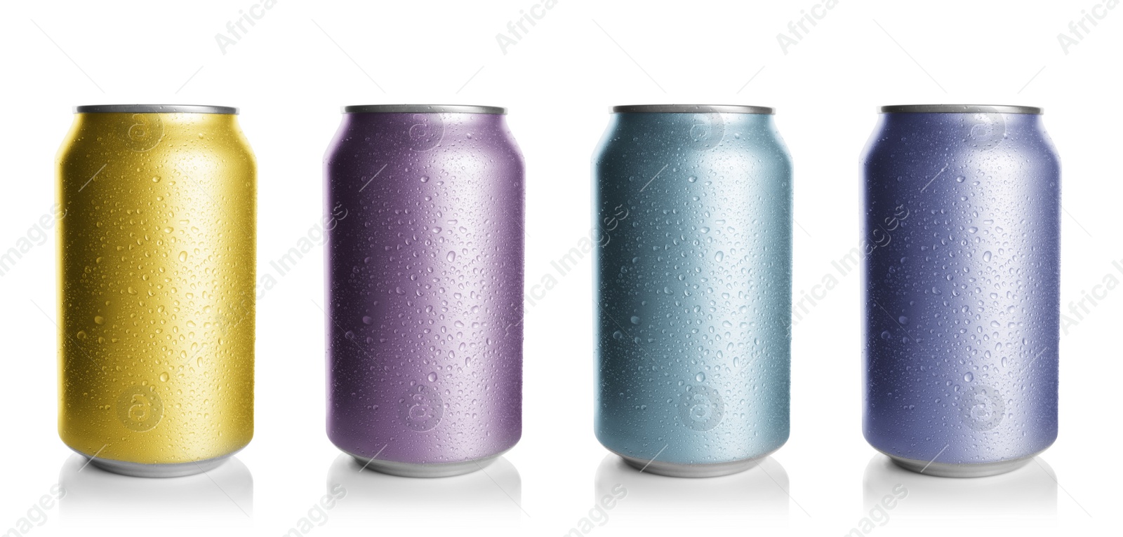 Image of Set with different colorful aluminium cans of beverage on white background. Banner design