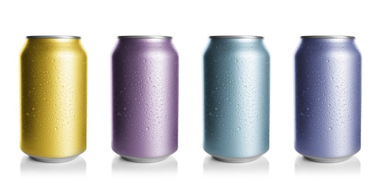 Image of Set with different colorful aluminium cans of beverage on white background. Banner design