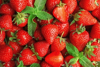 Photo of Ripe red strawberries and mint as background