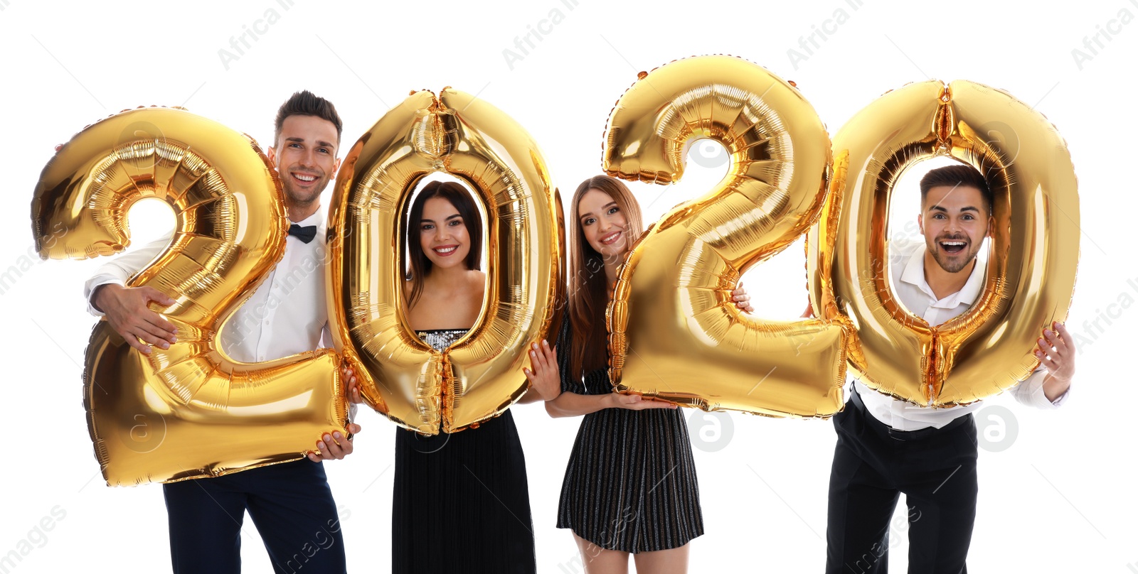 Photo of Happy young friends with golden 2020 balloons on white background. New Year celebration