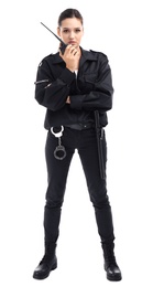 Female security guard using portable radio transmitter on white background