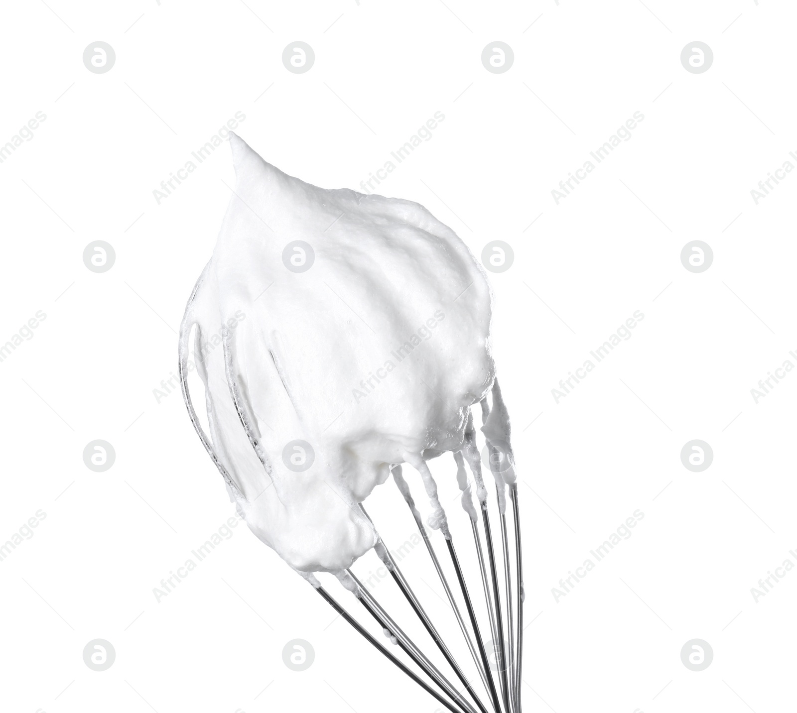 Photo of Whisk with whipped egg whites isolated on white