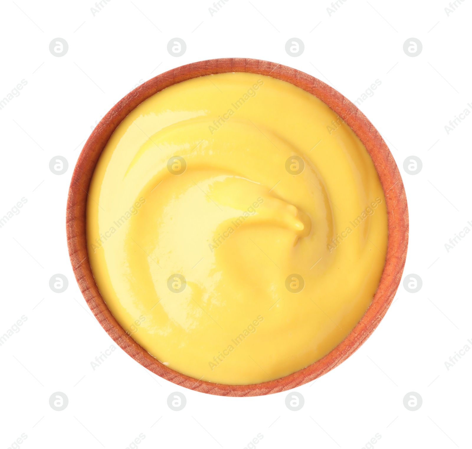 Photo of Spicy mustard in wooden bowl isolated on white, top view