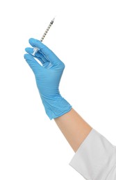 Photo of Doctor holding medical syringe on white background, closeup