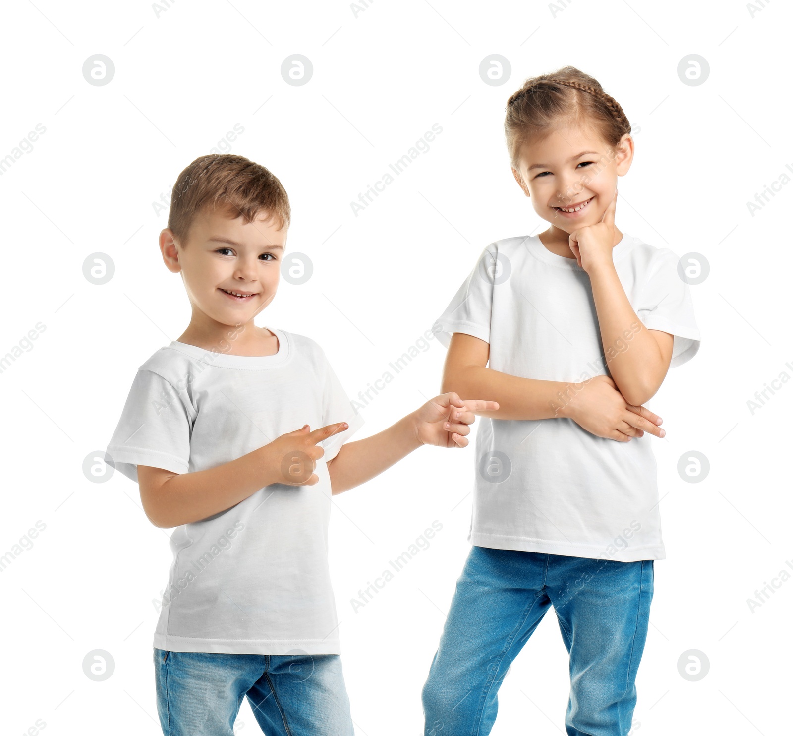 Photo of Little kids in t-shirts on white background. Mockup for design