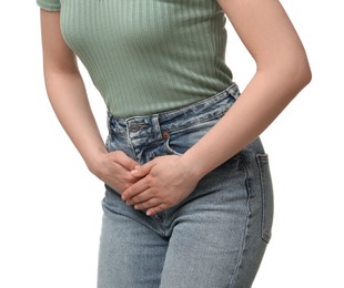 Photo of Woman suffering from cystitis on white background, closeup