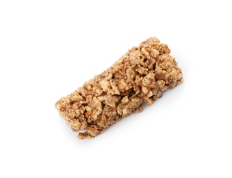 Photo of Tasty protein bar on white background, top view