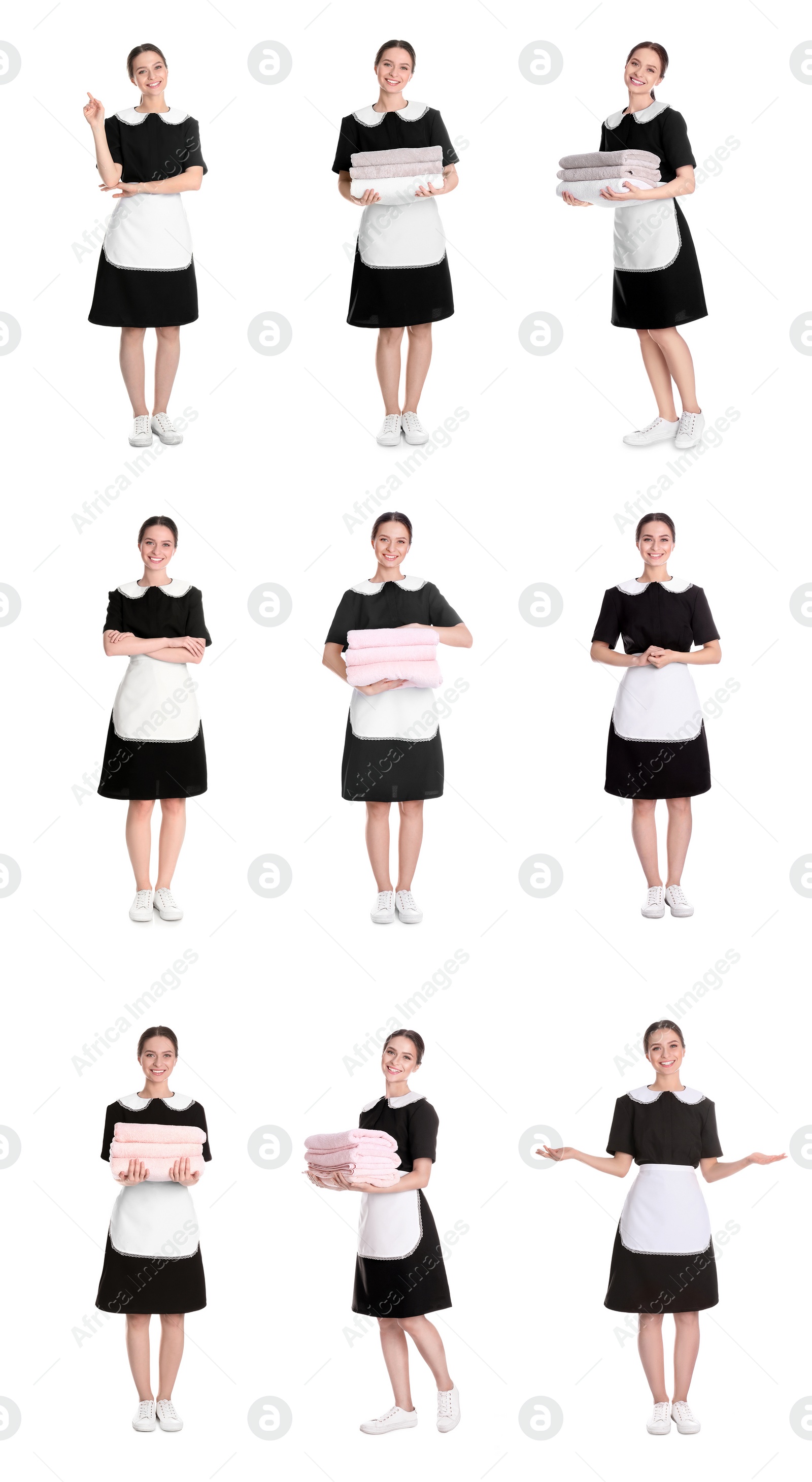 Image of Collage with photos of chambermaid on white background