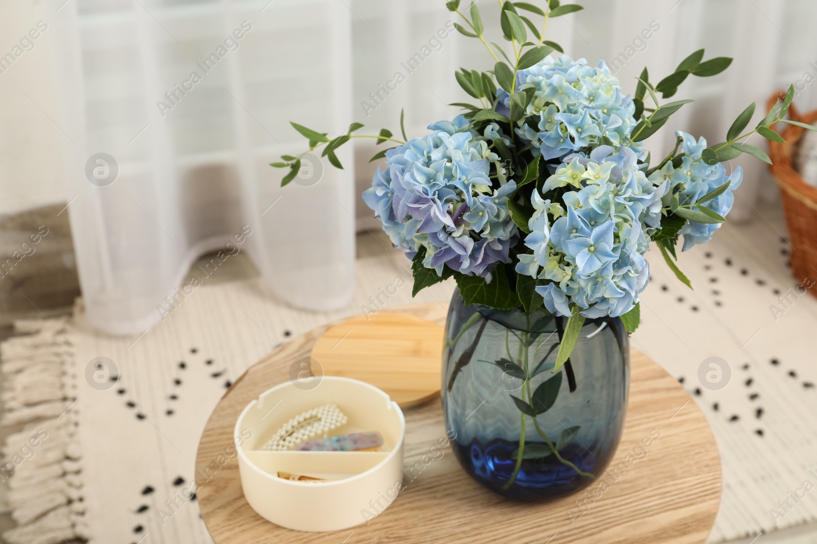 Photo of Beautiful blue hortensia flowers in vase on table indoors. Space for text