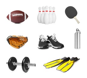 Image of Set with different sports tools on white background 
