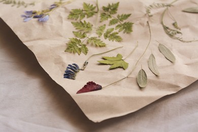 Photo of Sheet of paper with dried flowers and leaves on white fabric, closeup