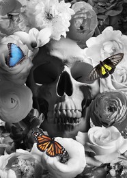 Image of Skull, different beautiful flowers and butterflies Black and white tone with selective color effect
