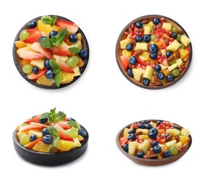 Image of Delicious fruit salads in bowls isolated on white, top and side views