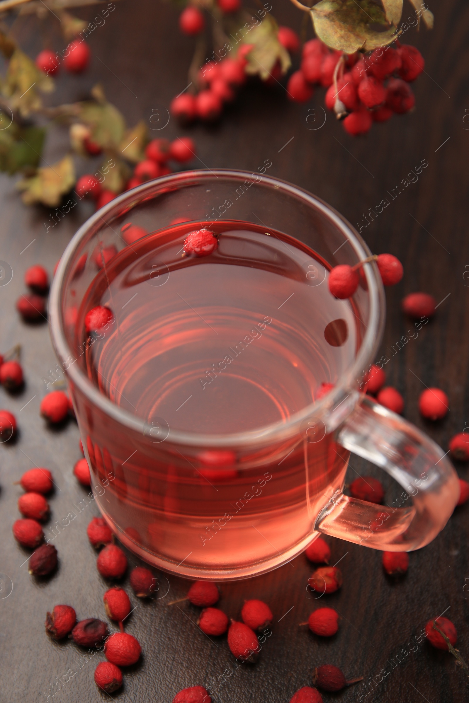 Photo of Cup with hawthorn tea and berries on wooden table, closeup