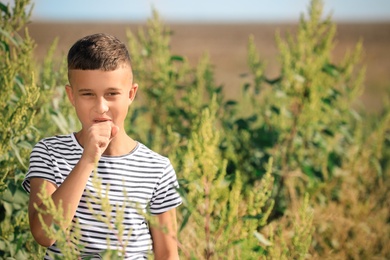 Photo of Little boy suffering from ragweed allergy outdoors