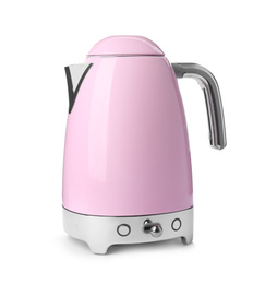 Photo of Modern pink electric kettle with base isolated on white