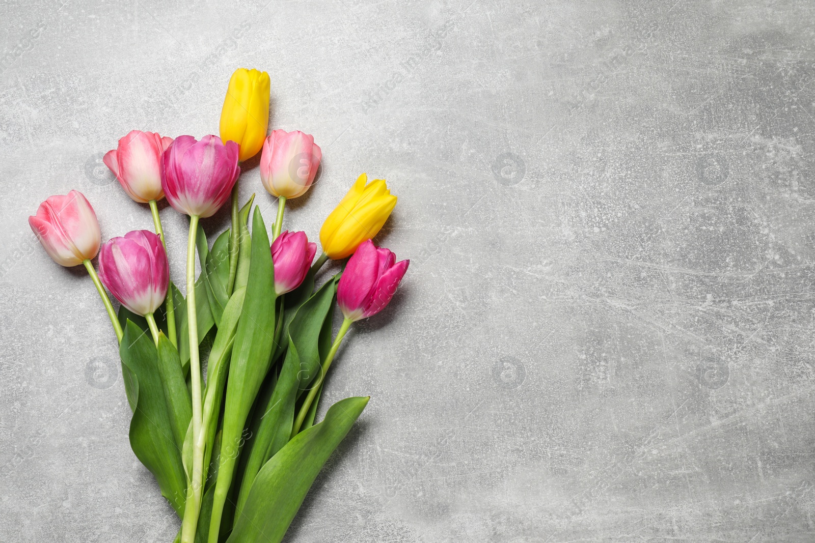 Photo of Beautiful colorful tulip flowers on grey table, flat lay. Space for text