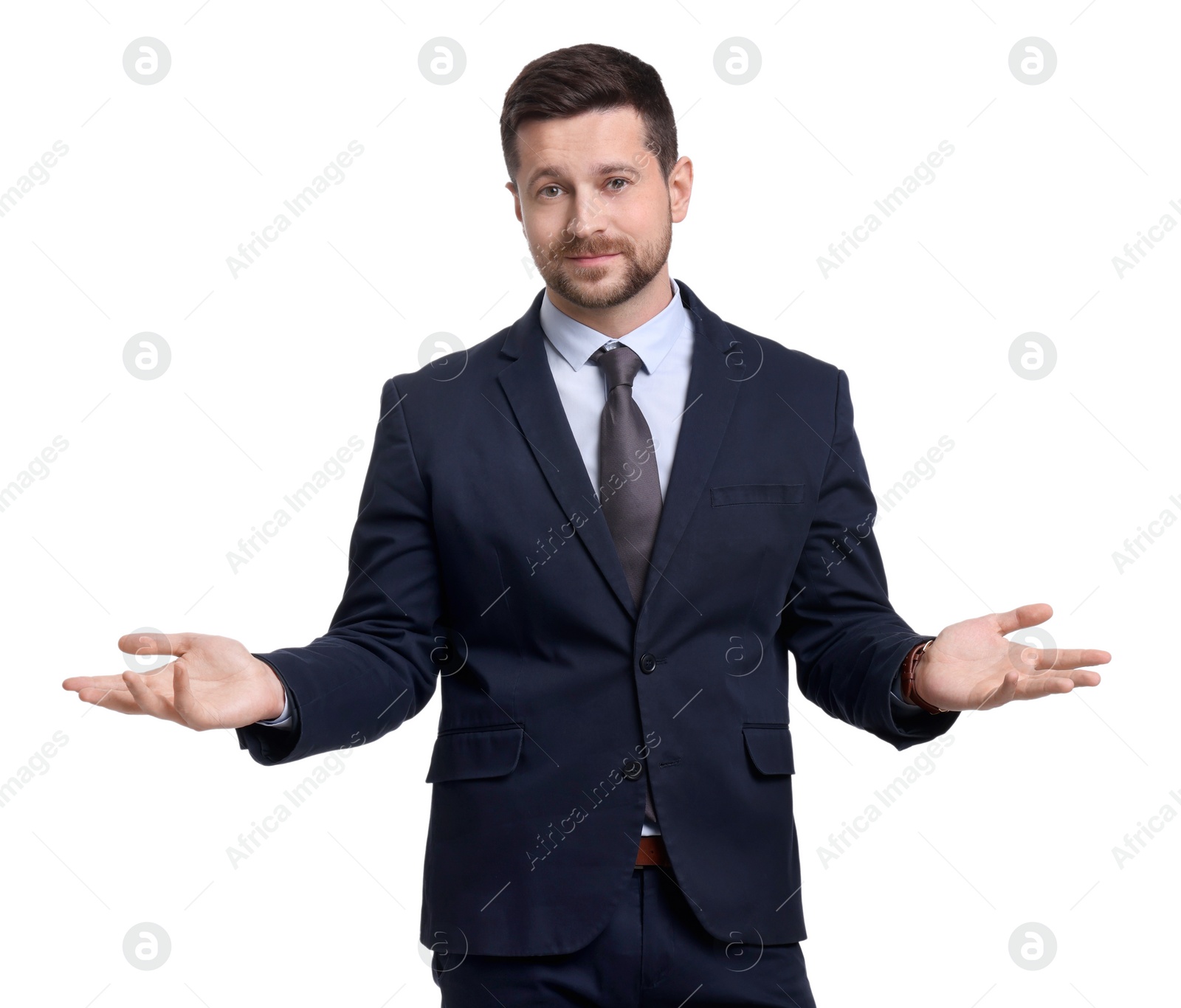 Photo of Handsome bearded businessman in suit on white background