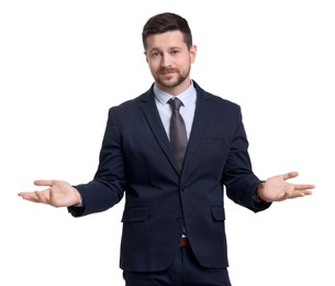 Photo of Handsome bearded businessman in suit on white background